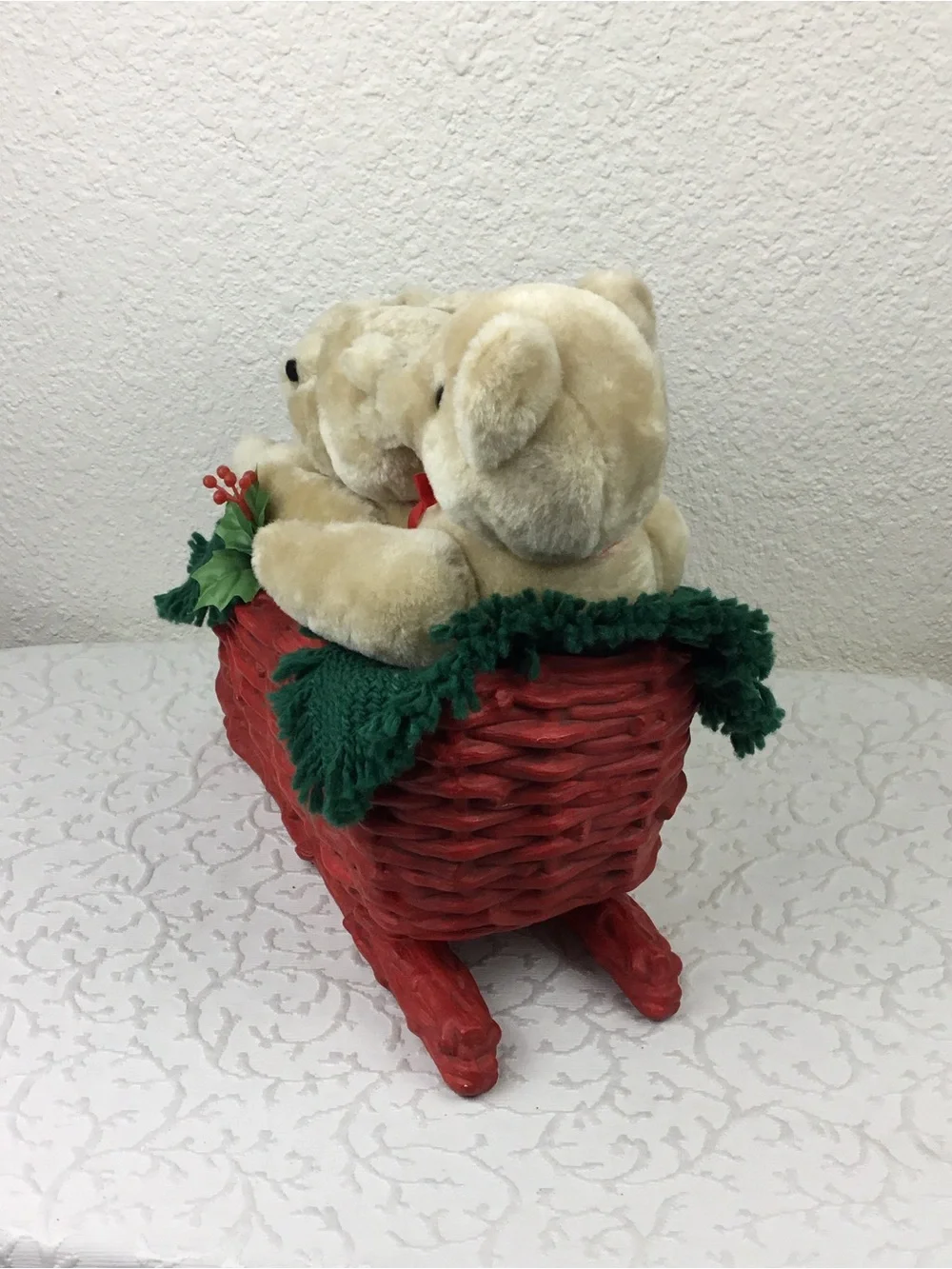 Plush Teddy Trio in Cream with Red Ribbons - Holiday Decorative Set